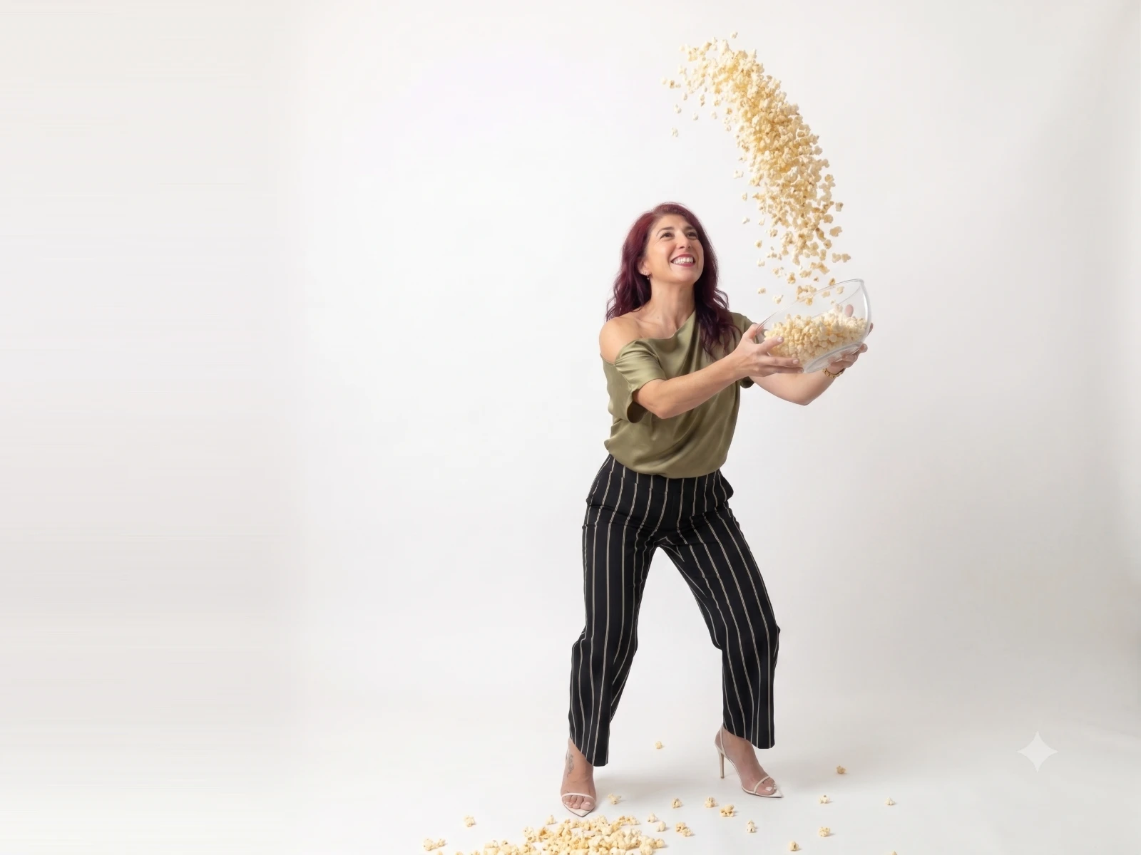 Cassandra Cadorin throwing popcorn into a bowl, mid-air