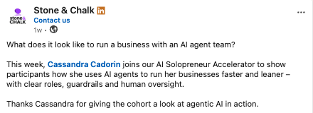 Stone and Chalk post about Cassandra Cadorin and the AI Solopreneur Accelerator